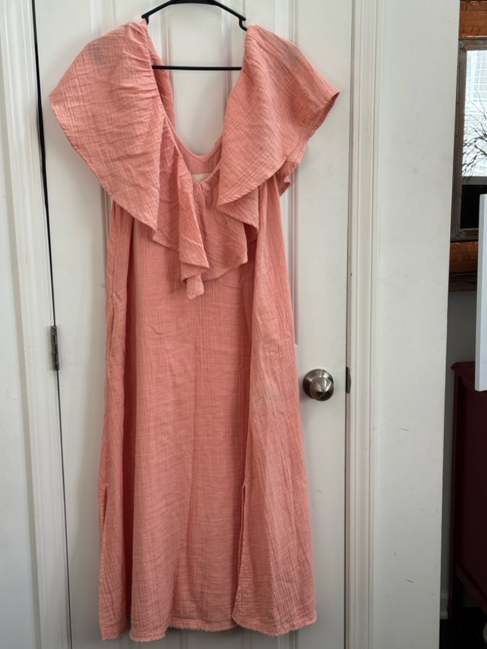 Anaak Ruffle Collar Maxi Dress in Coral, 100% Cotton, See Designers Size Chart